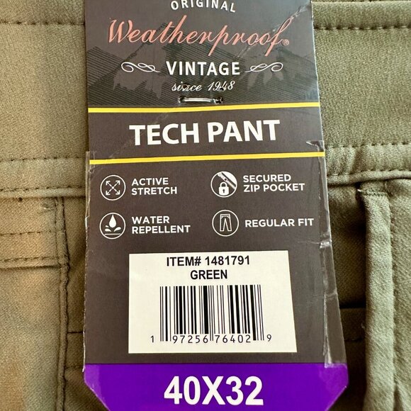 Weatherproof Tech Pant Men's Size 40 X 32 Green Regular Fit Water Repellent - Picture 6 of 15